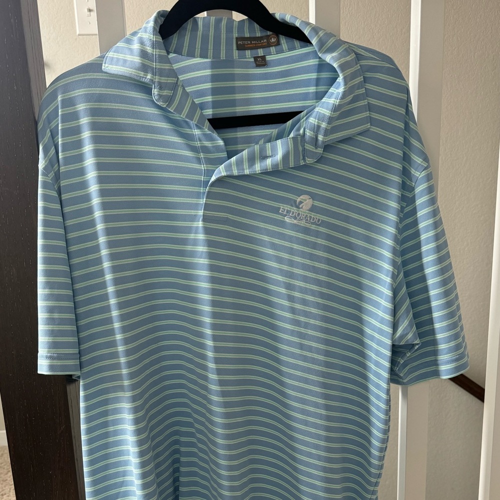 Peter Millar Light Blue and White Striped Polo